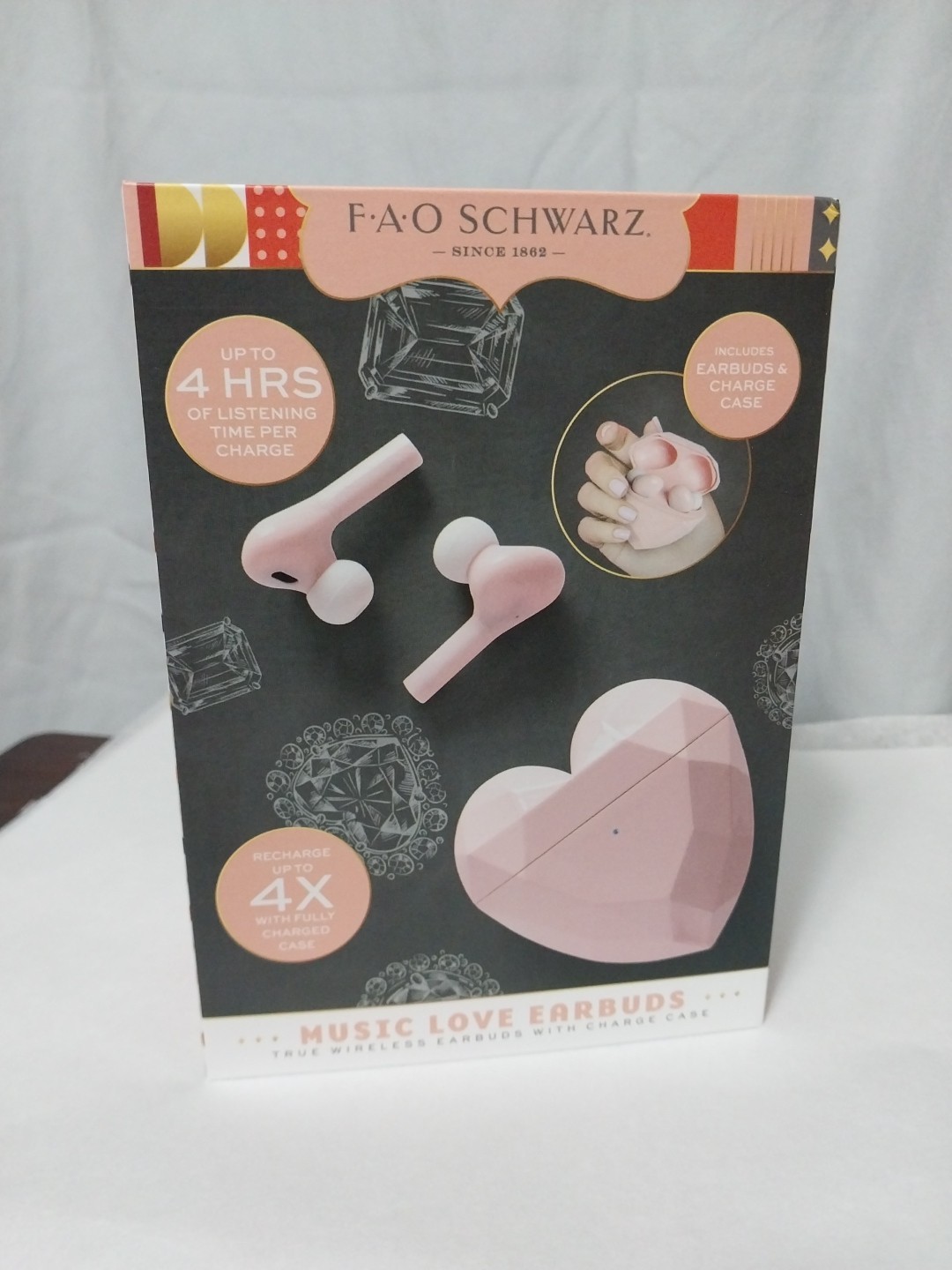 FAO Schwarz Pink Wireless Ear Buds With Heart Shaped Charge Case 4 Hour Play