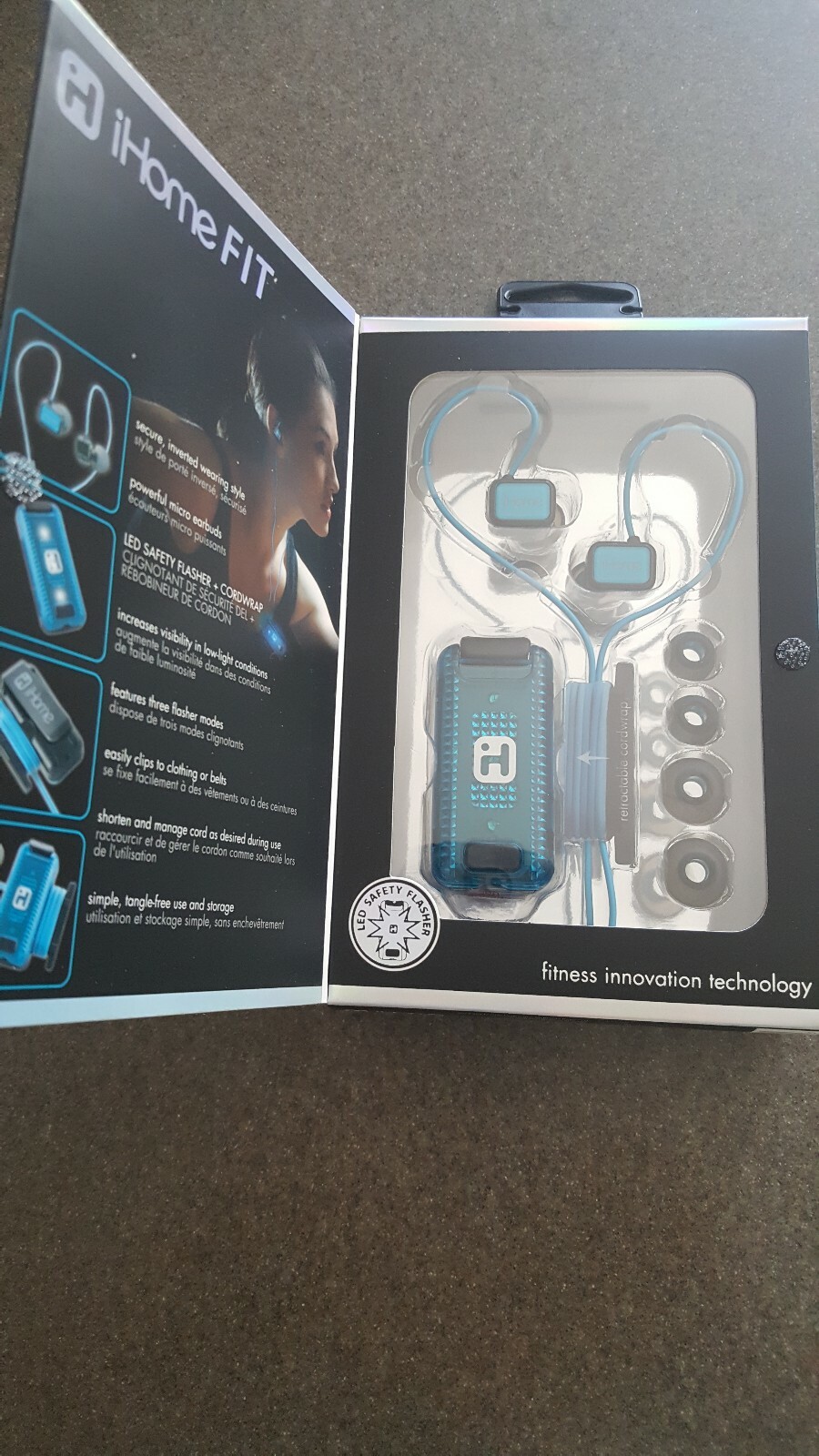 New iHome Fit Fitness Earbuds Headphones with Clip On LED Safety IB12BL – Blue
