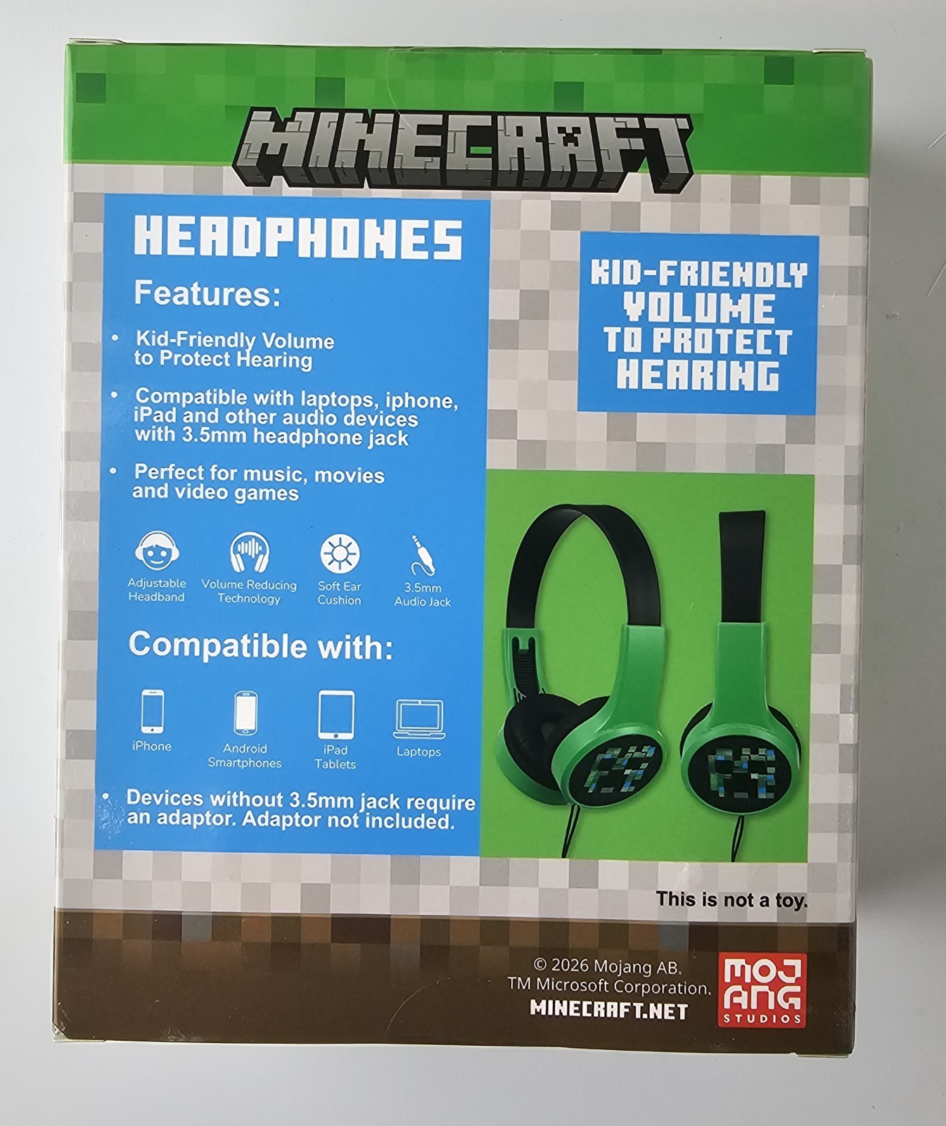 Minecraft Kids’ Safe Headphones Green and Black Ages 2 to 8 Years Old-New Item
