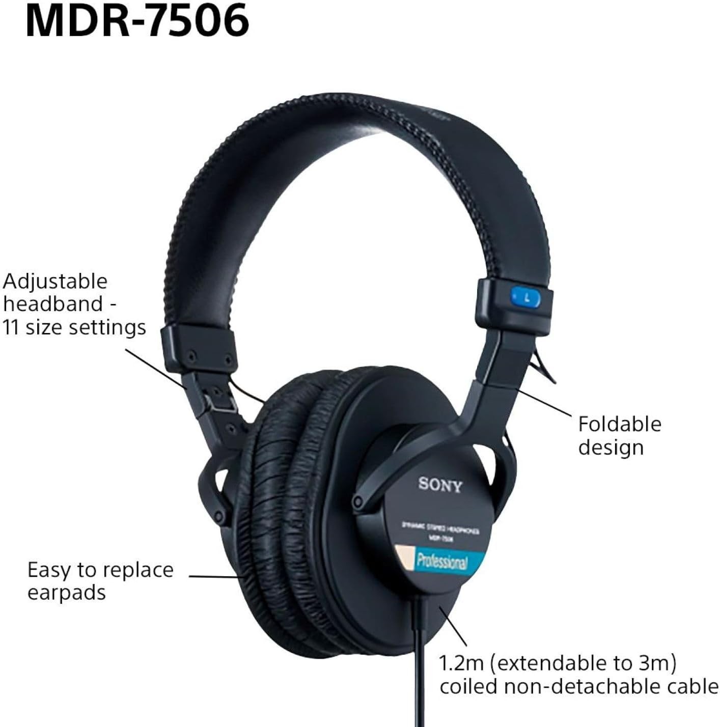 Sony MDR-7506 Studio Monitoring Wired Closed-Back Over-Ear Headphones Black