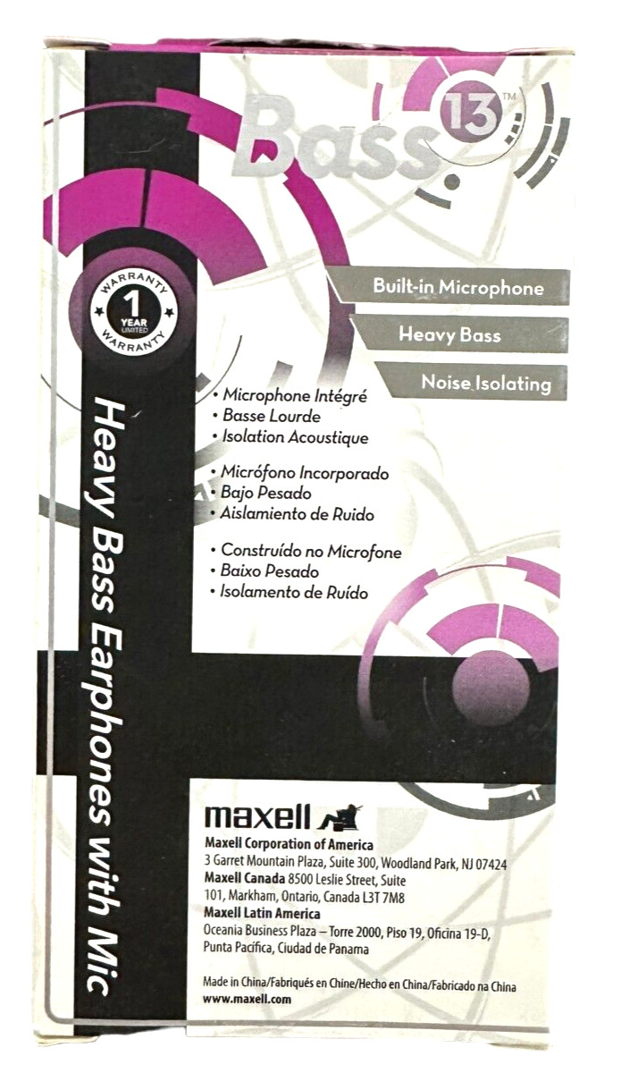 Maxell Bass 13 Heavy-Bass in-Ear Earbuds with Built-in Microphone – Purple
