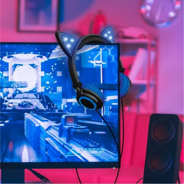 Hype Wired Blue LED Cat Ear Headphones, with mic  Ages 15+ Dynamic Stereo Sound.
