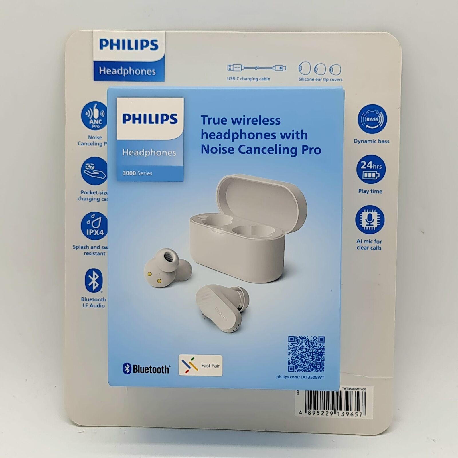 Philips 3000 Series TAT3509WT Wireless ANC Headphones 24H Bluetooth White