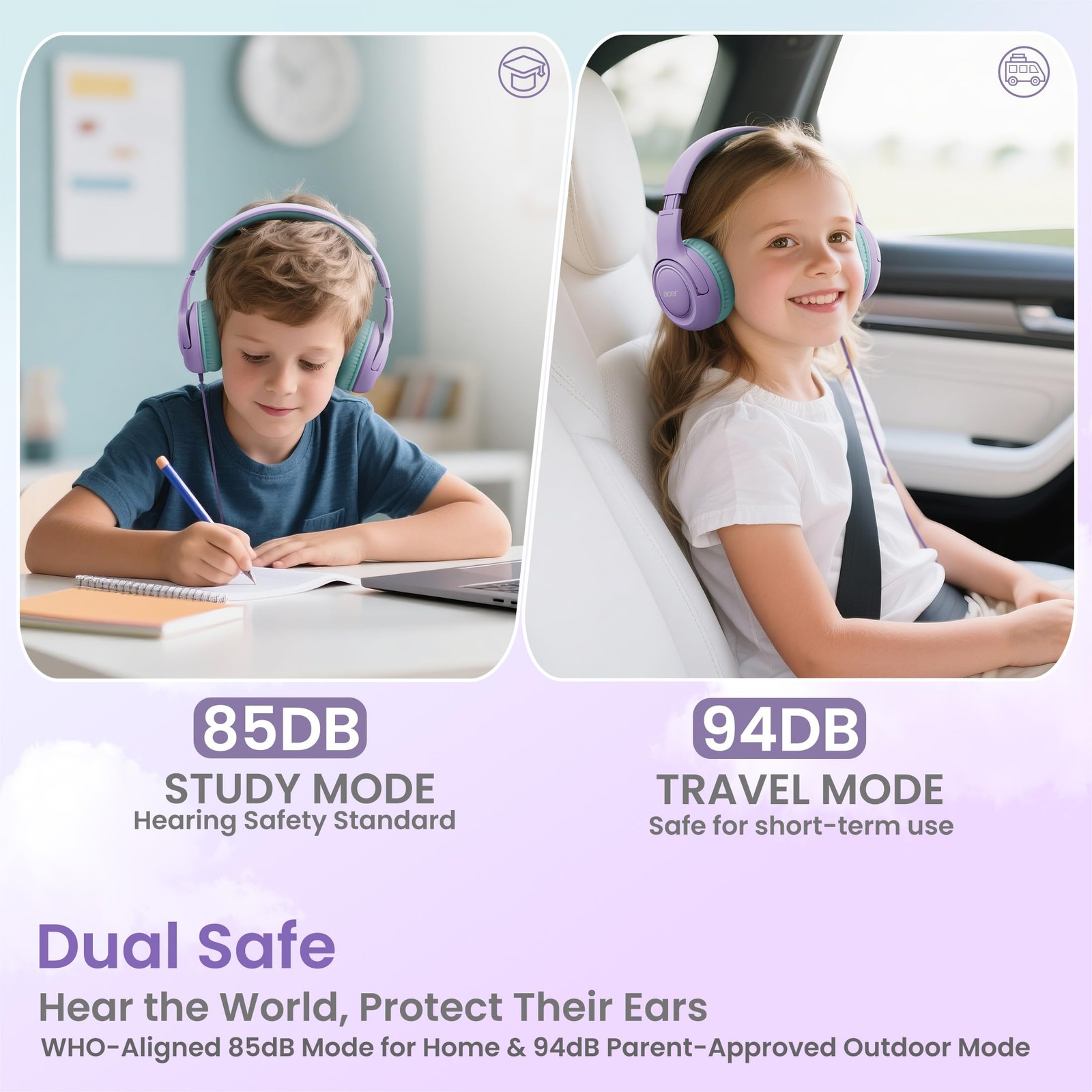 Acer USB-C Kids Headphones – 85/94dB Safe Volume Limited, Green-Purple