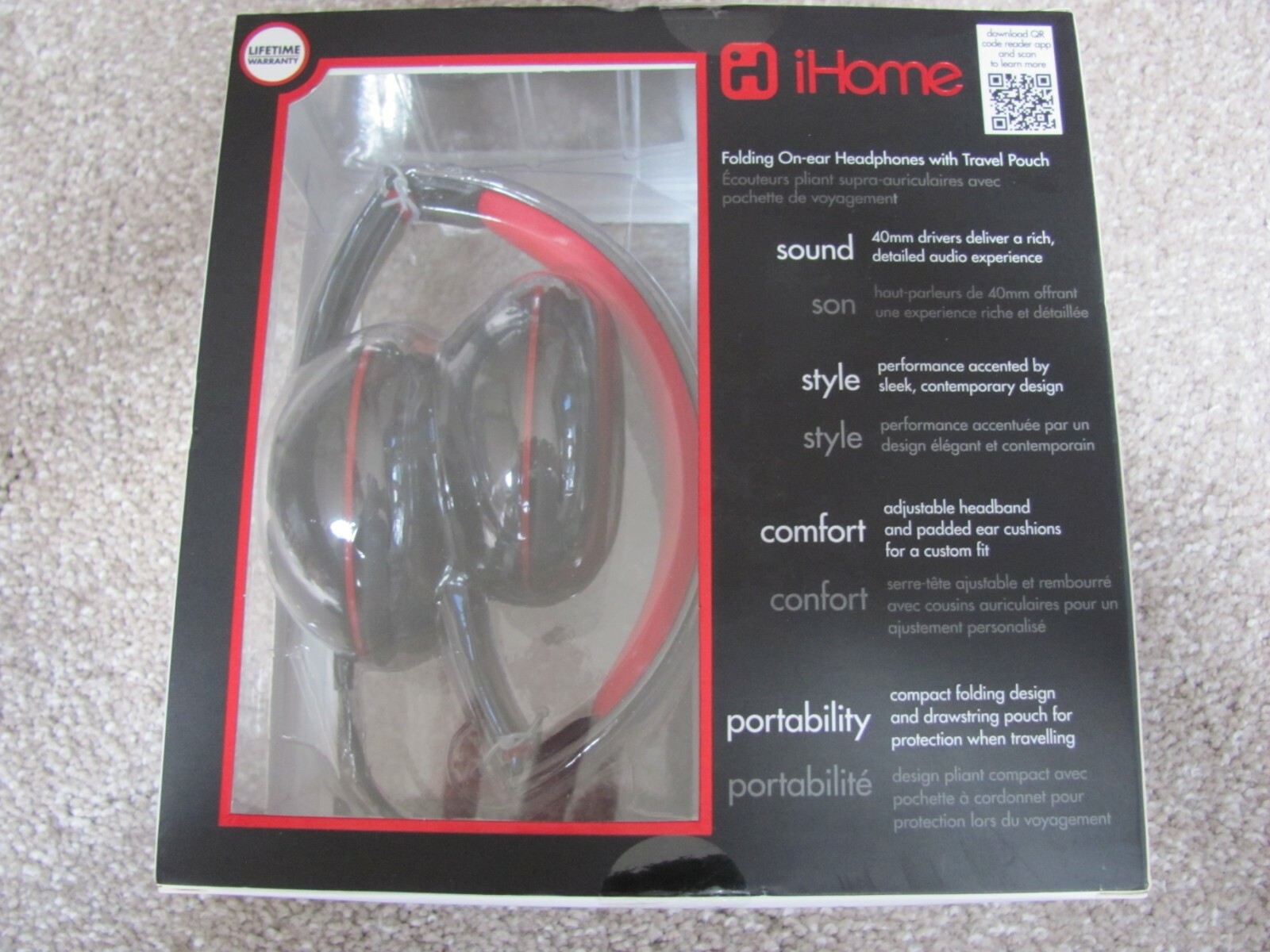 Brand New iHome iB45 On-Ear Folding Headphones with Travel Pouch Red