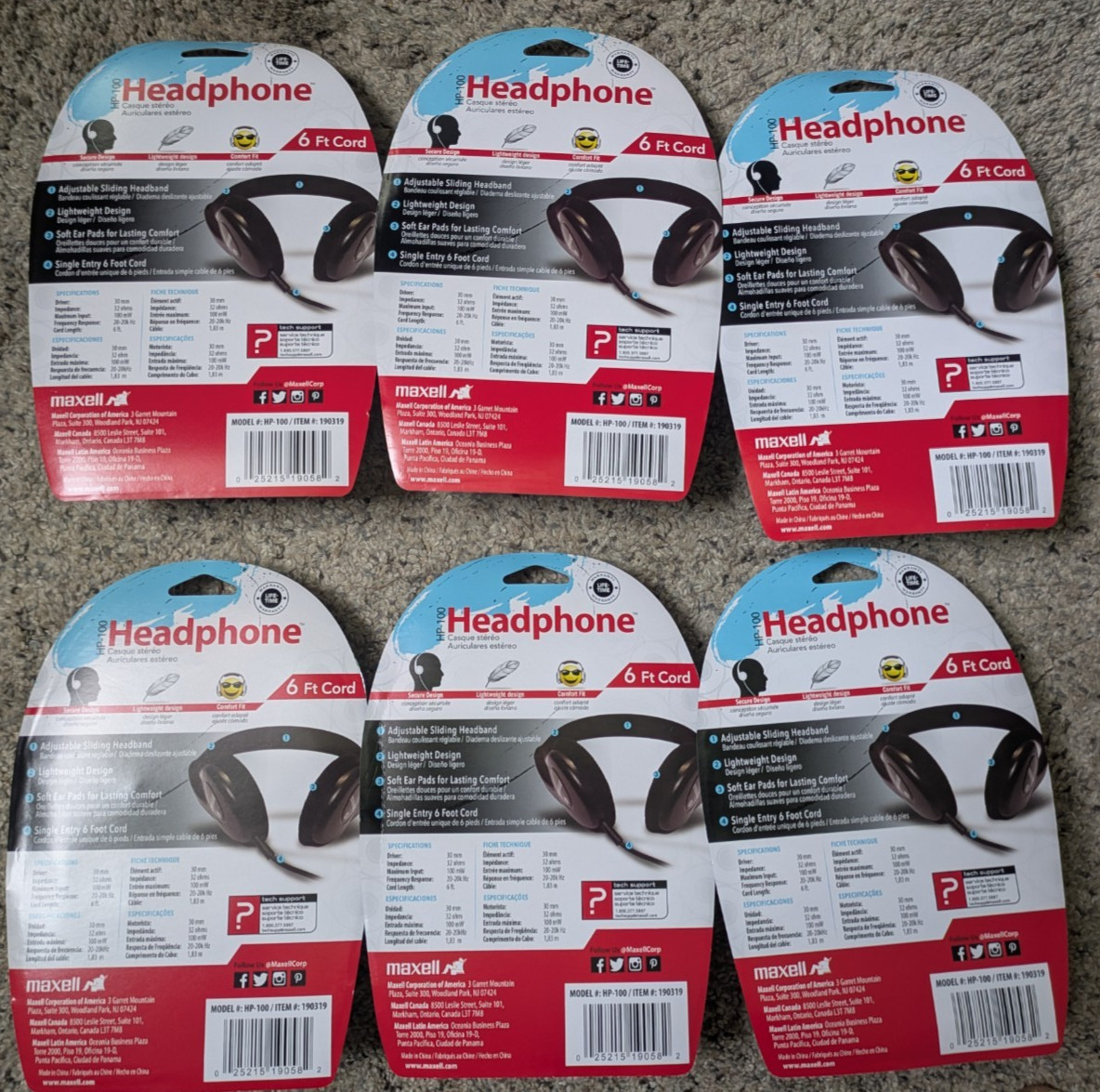 New NIB LOT OF (6) MAXELL HP-100 STEREO HEADPHONES W DYNAMIC SOUND 190319 DRD2-1