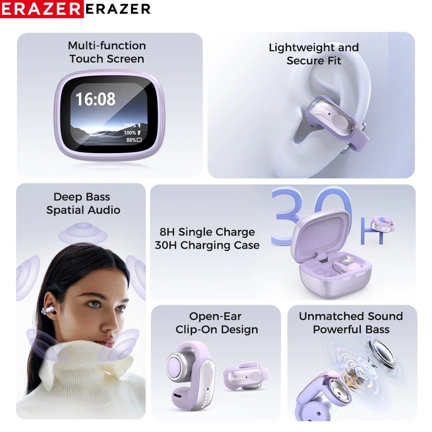 ERAZER XF28 AI Translator Ear Clip Earphones Bluetooth 6.0 Sports LCD Display