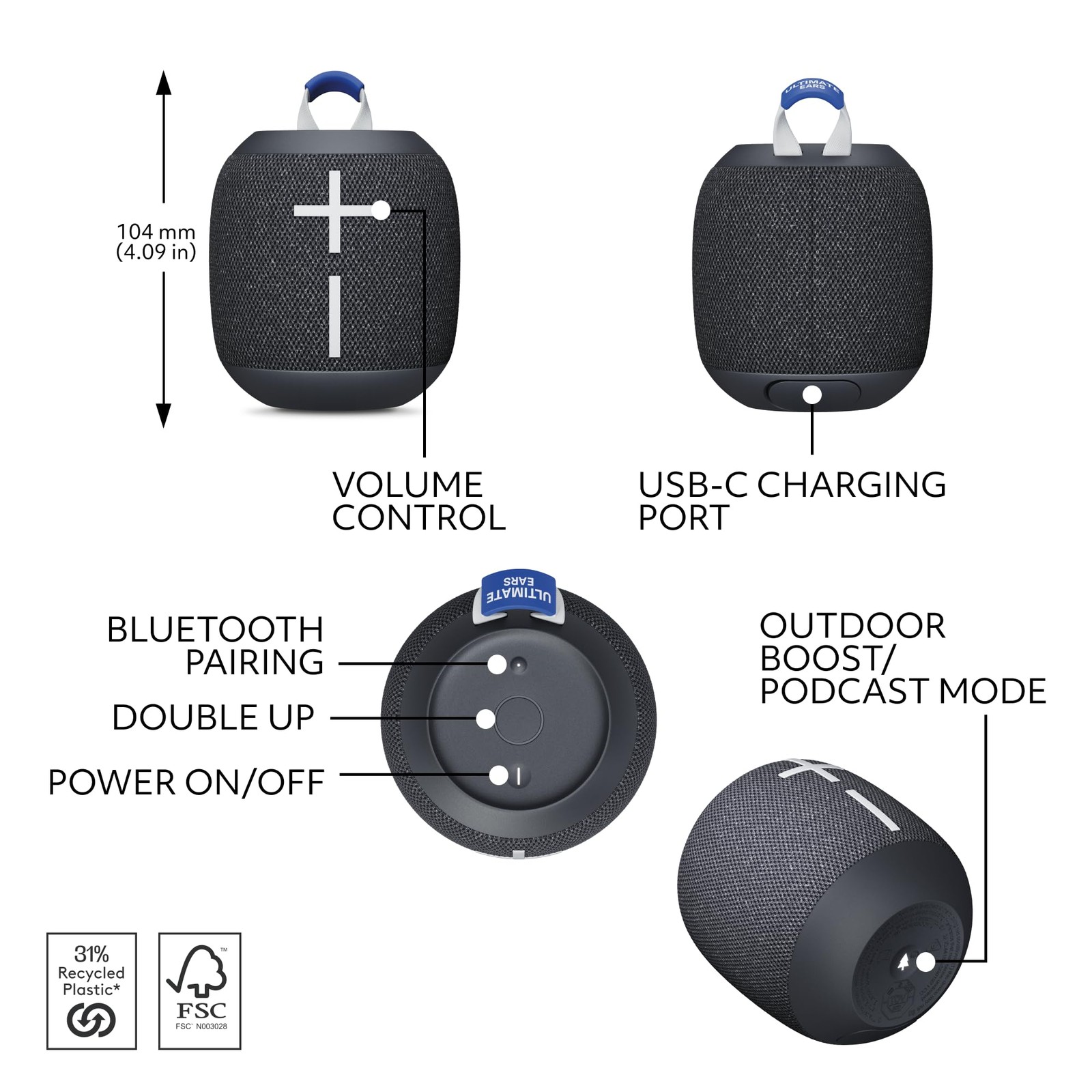 Ultimate Ears WONDERBOOM 4 Portable Waterproof Bluetooth Speaker with Black
