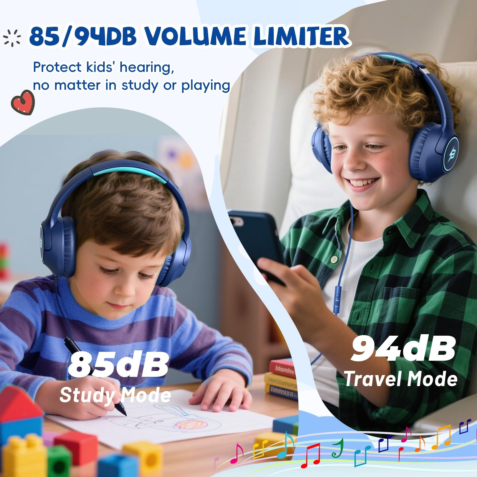 Kids Wired Headphones School Over Ear Headset Microphone 85/94dB Navy Blue