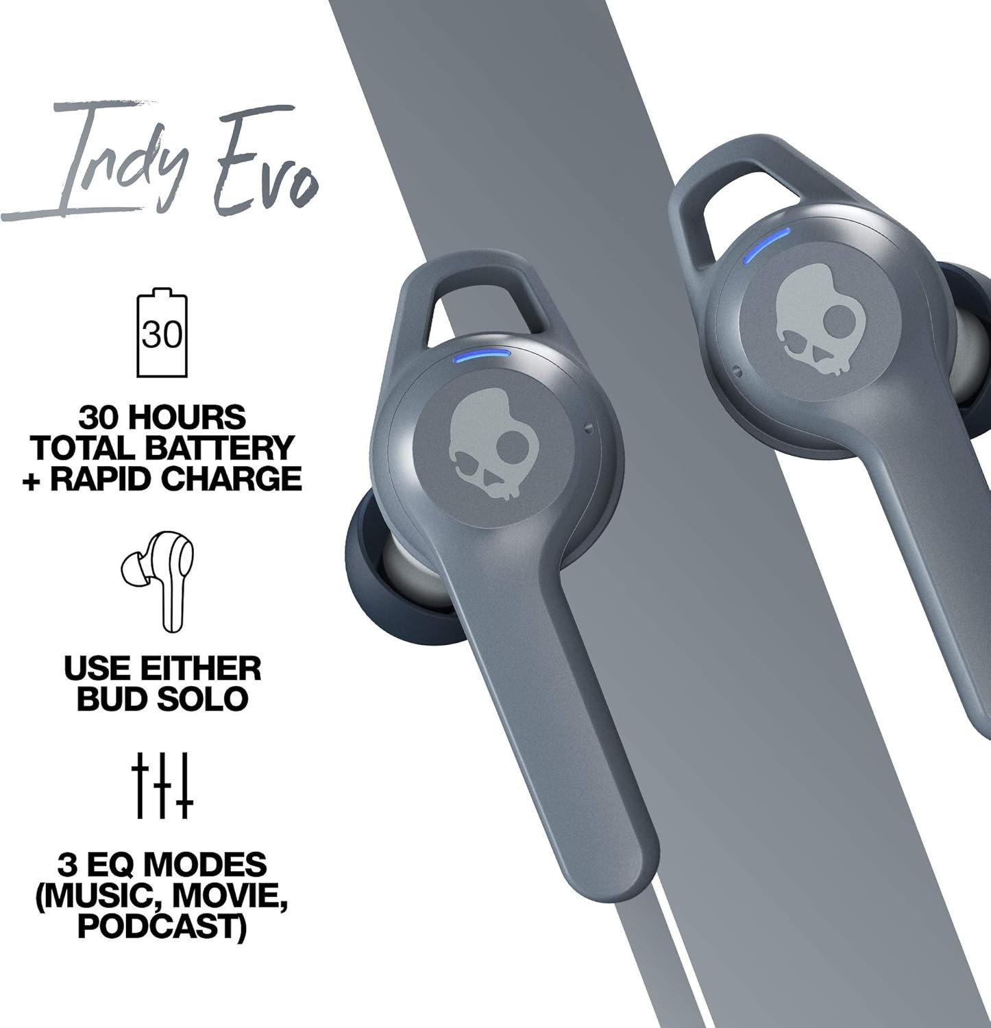 Skullcandy Indy Evo in-Ear Wireless Earbuds, Chill Grey – NEW