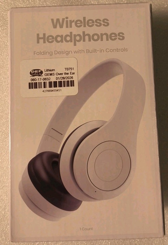 GEMS Wireless Headphones Folding Compact Design, 6hr Battery, White, Micro USB