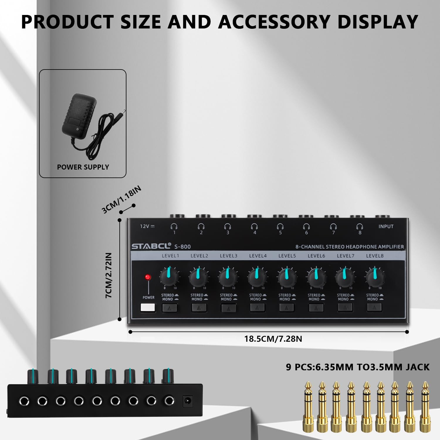 STABCL 8-Ch Headphone Amplifier Stereo Amp, 9 Pcs 6.35mm to 3.5mm Adapters