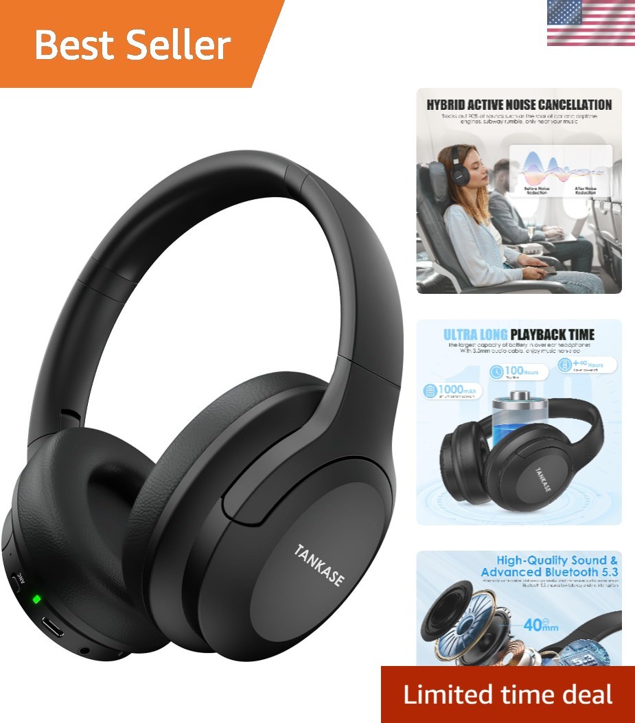 Active Noise Cancelling Over-Ear Headphones with 100H Playtime – Black