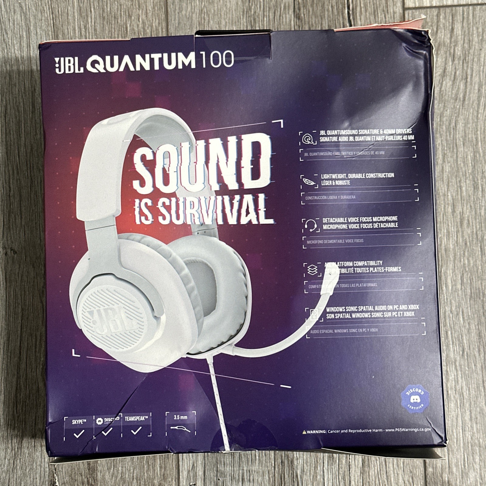 Jbl Quantum 100 Wired Over-ear Gaming Headphones With Detachable Mic White NEW
