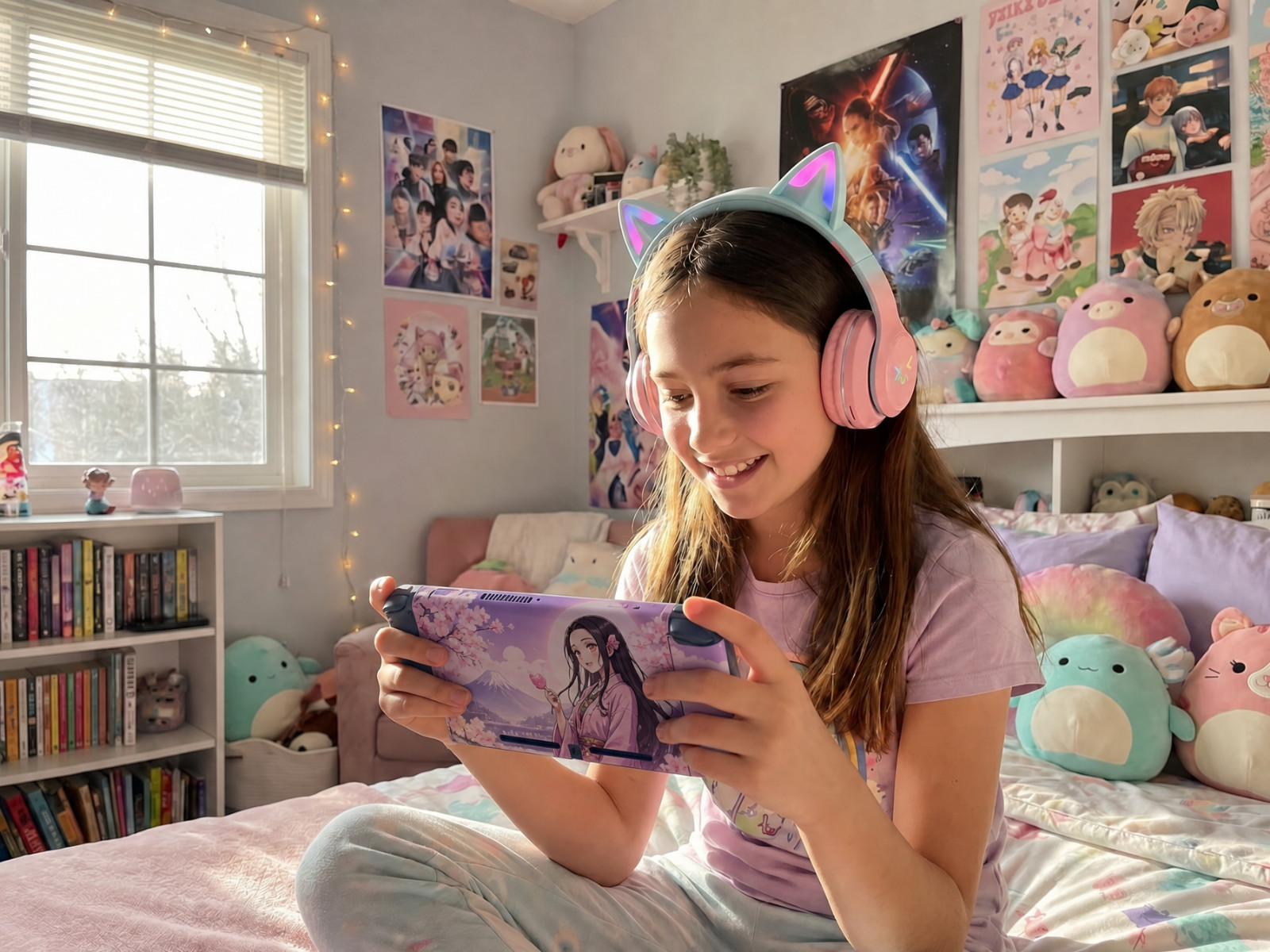 Kids Cat Ears Headphones with Microphone (RGB LED/WIRELESS/BLUETOOTH/FOLDABLE)