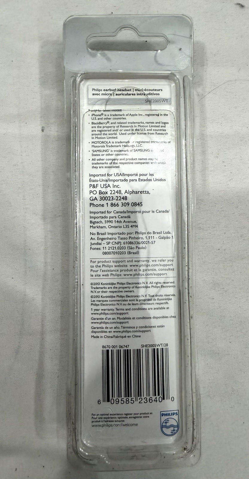 Philips Bass Sound SHE2005 Earbud Headset w/ Mic, White