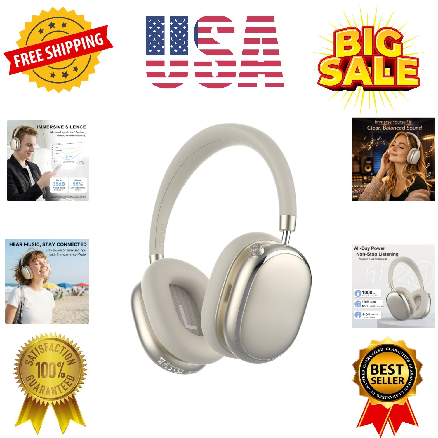 NC95 Hybrid Active Noise Cancelling Headphones with Knob Control, 120H Playti…