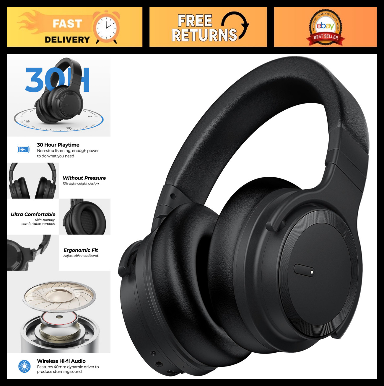 Wireless Bluetooth Headphones, Active Noise Cancelling, Rich Bass, 30H Playtime,