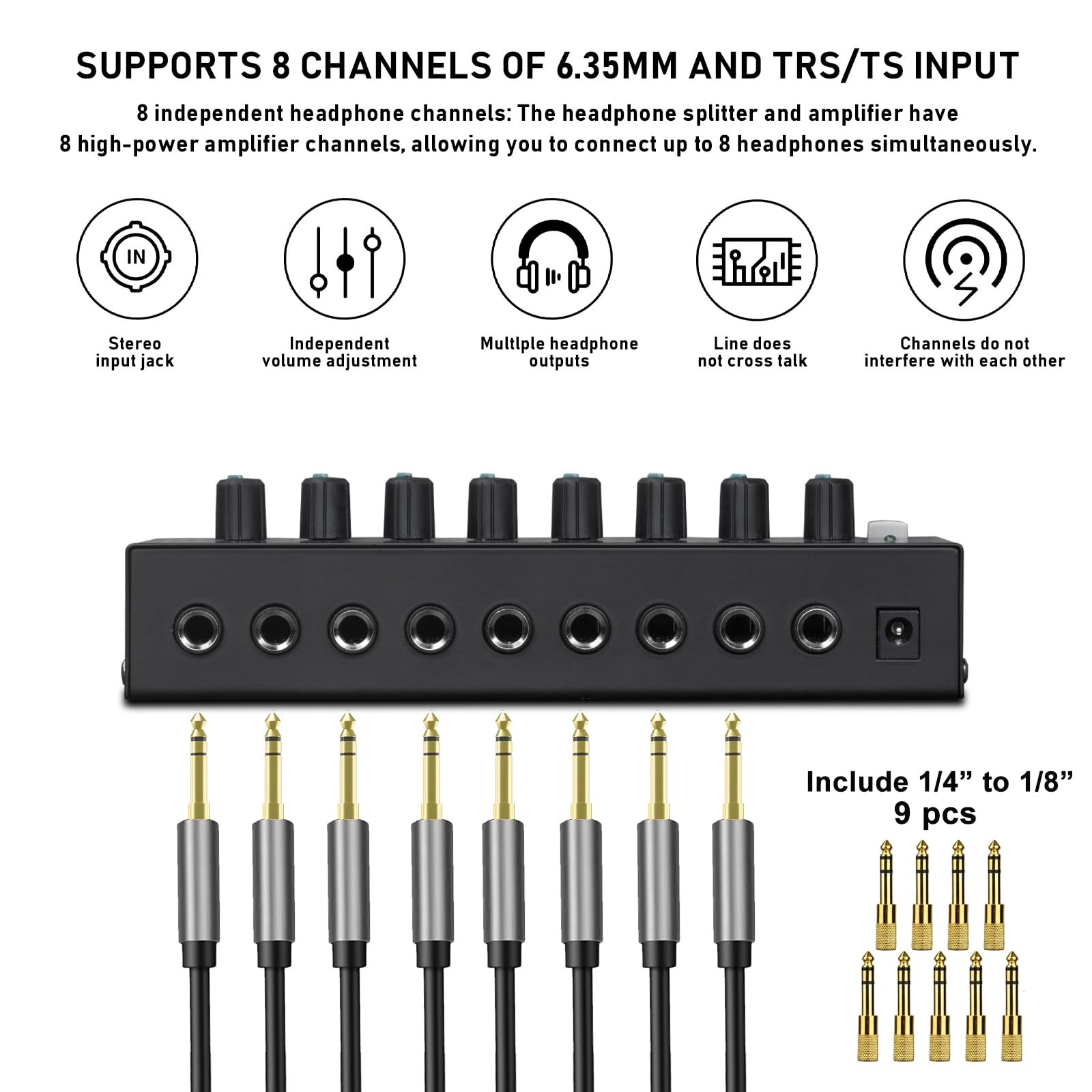 STABCL 8-Ch Headphone Amplifier Stereo Amp, 9 Pcs 6.35mm to 3.5mm Adapters