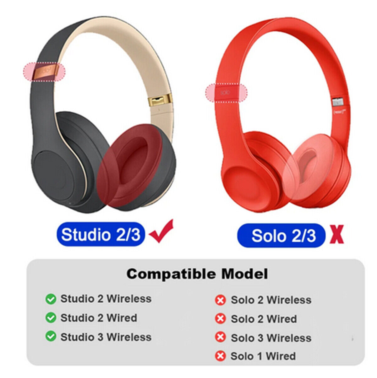 For Beats Studio 2 Studio 3 Wired Wireless Headband Cushion Rubber