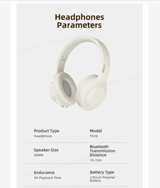 BLACK Lenovo ThinkPlus TH10 Wireless Headphones Bluetooth 5.0 40mm AUX Mic