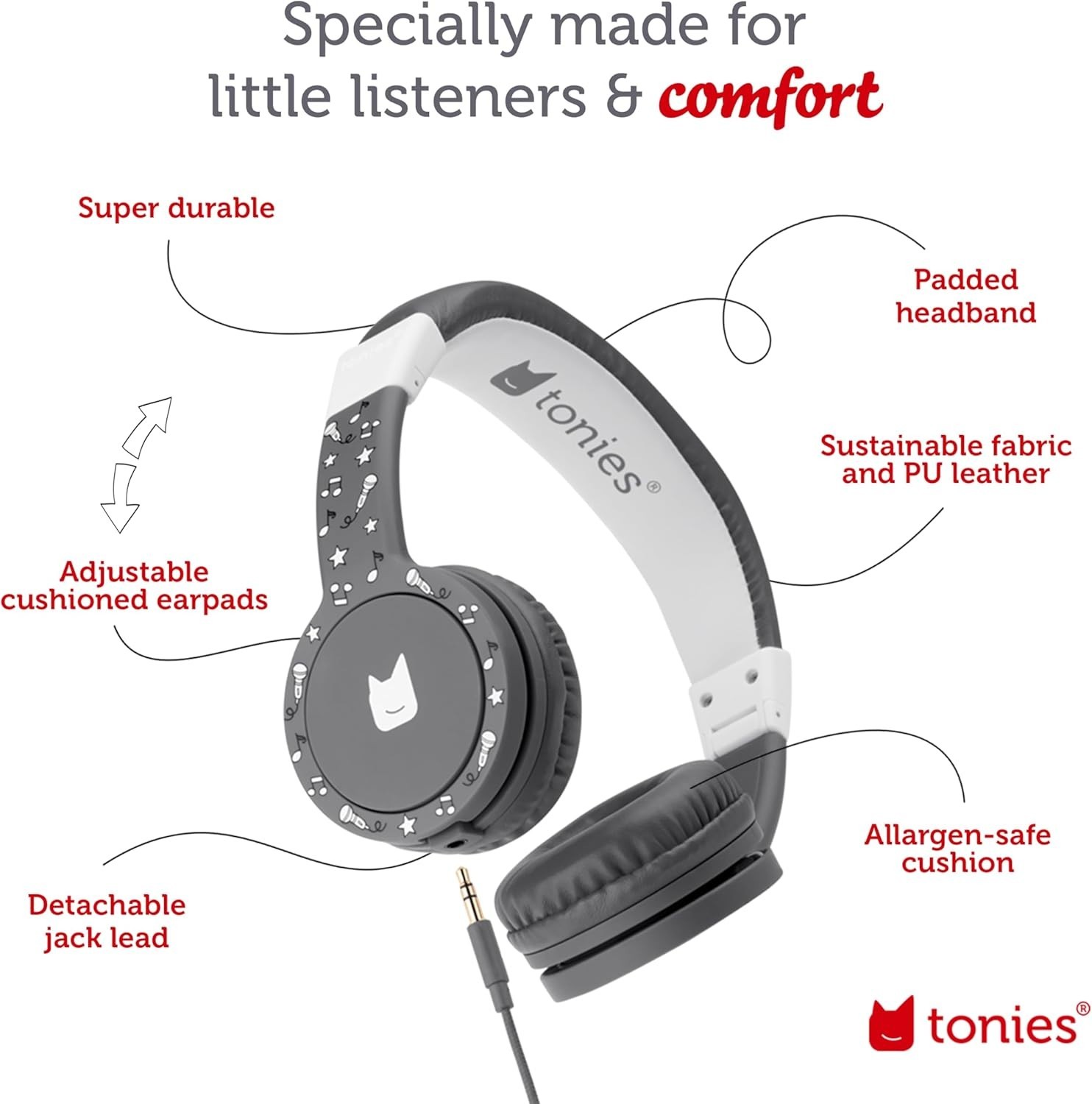 Tonies Kids Safe Headphones On-Ear Foldable Audio 85dB Gray Wired 3.5mm Toniebox