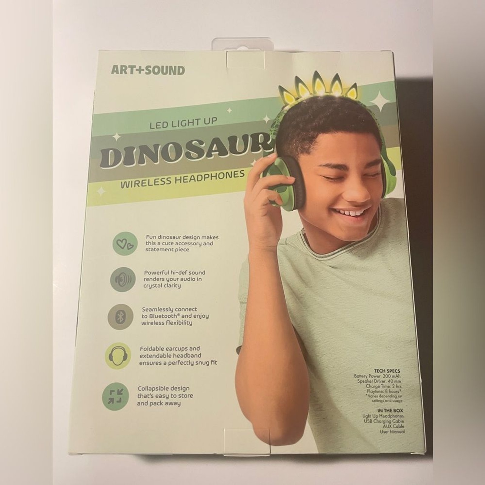 Green Dinosaur Wireless Headphones Bluetooth LED Light Up 3.5 MM Jack USB C NWT