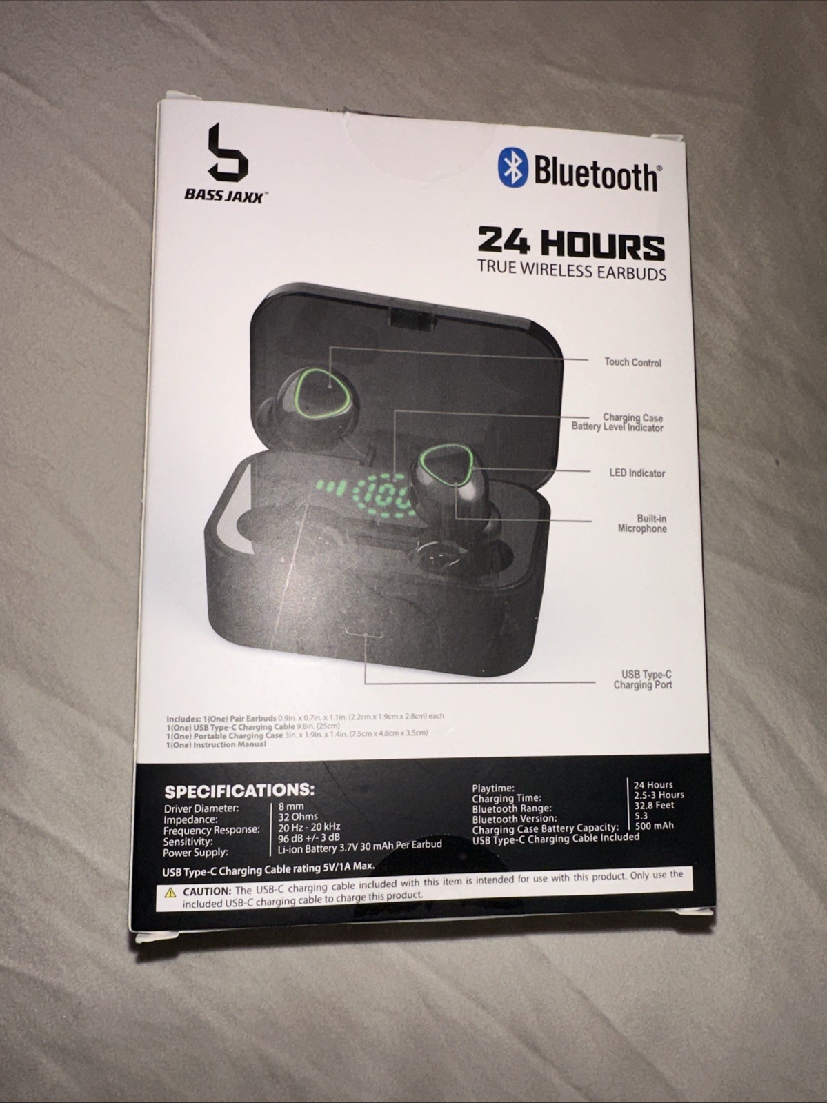 Bass Jaxx 24 Hours True Wireless Bluetooth Earbuds Black Touch Control w/ Mic