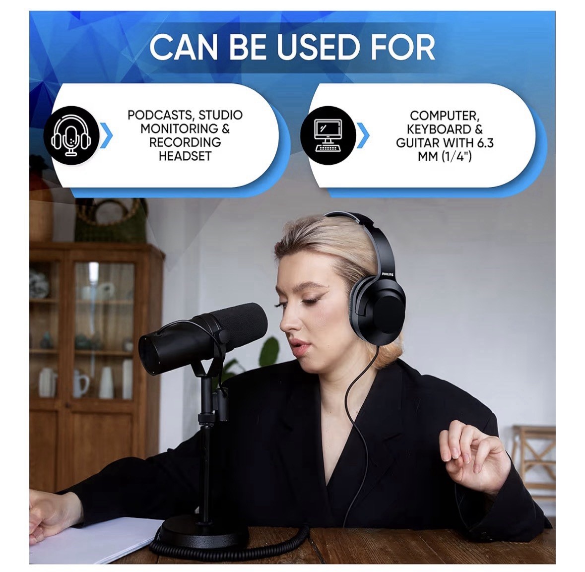 PHILIPS Over Ear Wired Stereo Headphones for Podcasts, Studio One Size, Black
