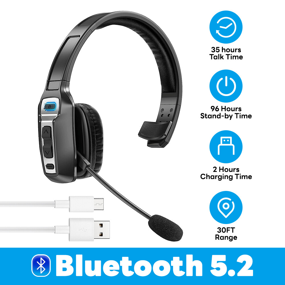 Trucker Bluetooth5.2 Wireless Headset With Noise Cancelling Mic For Phones PC US