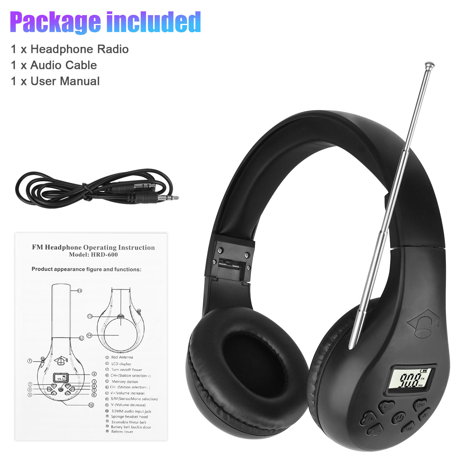 Wireless FM Radio Headphone Foldable Over-Ear Stereo Headset Recevier Portable