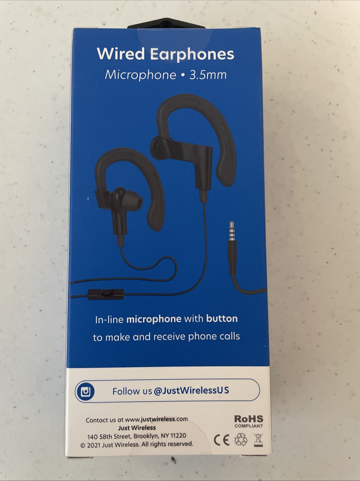 Just Wireless Stereo Wired Earhook Earbuds Headphones Microphone 3.5mm Black