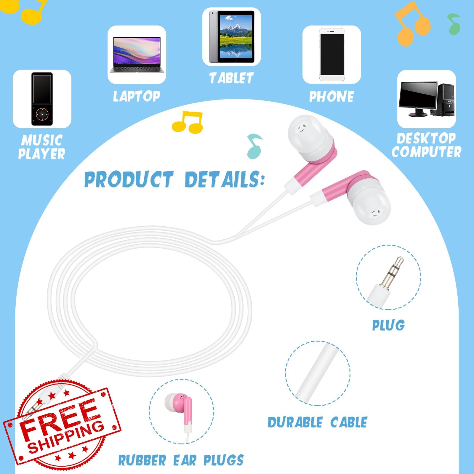 Xuhal 200 Pcs Wired Earphones 5 Colors Bulk
