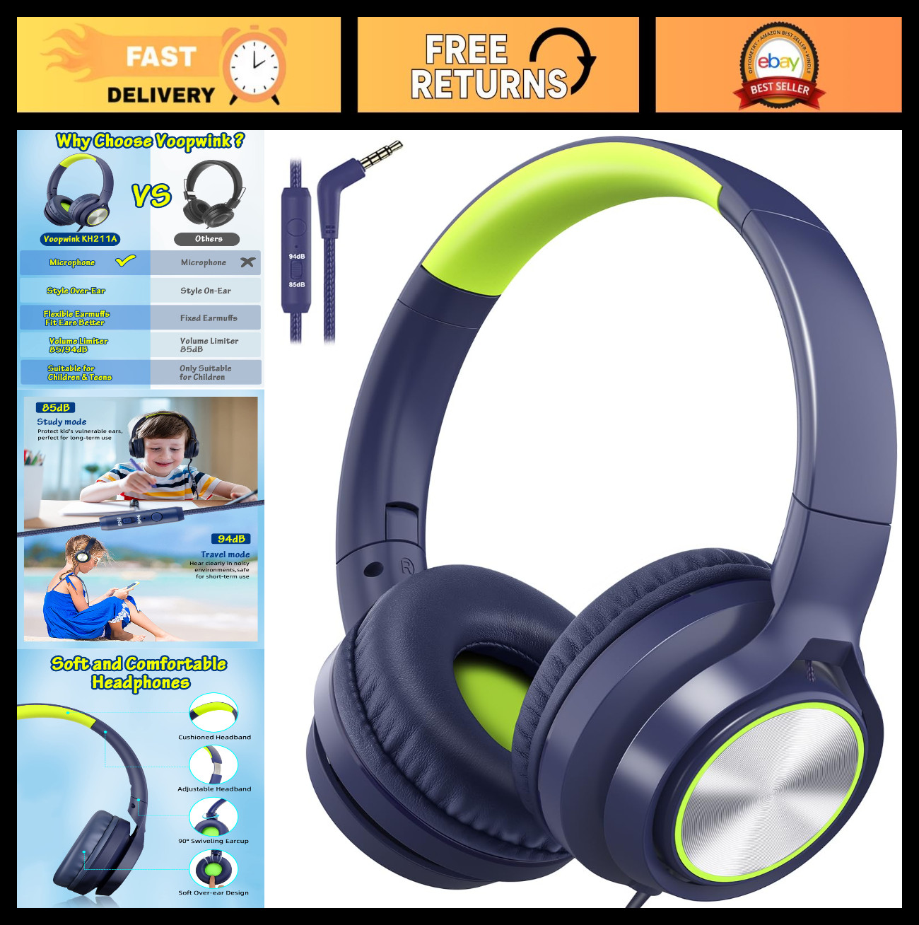Wired Kids Headphones with Microphone, Limited Volume 85dB, Over Ear Design for
