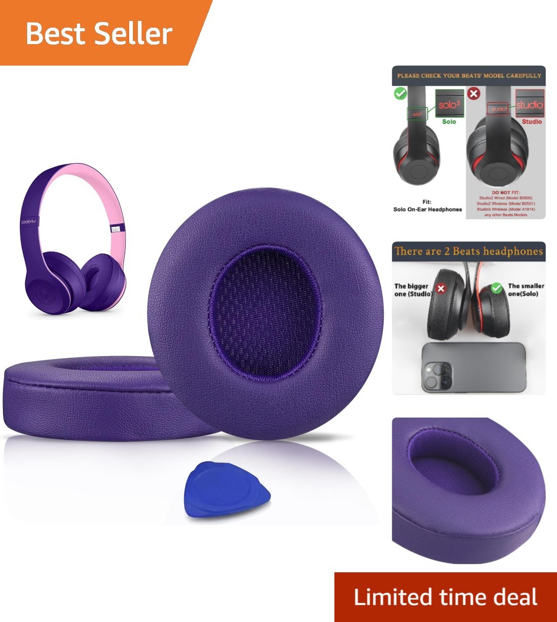 Pop Purple Replacement Earpads for Beats Solo 2 & 3 – Installation Kit Included