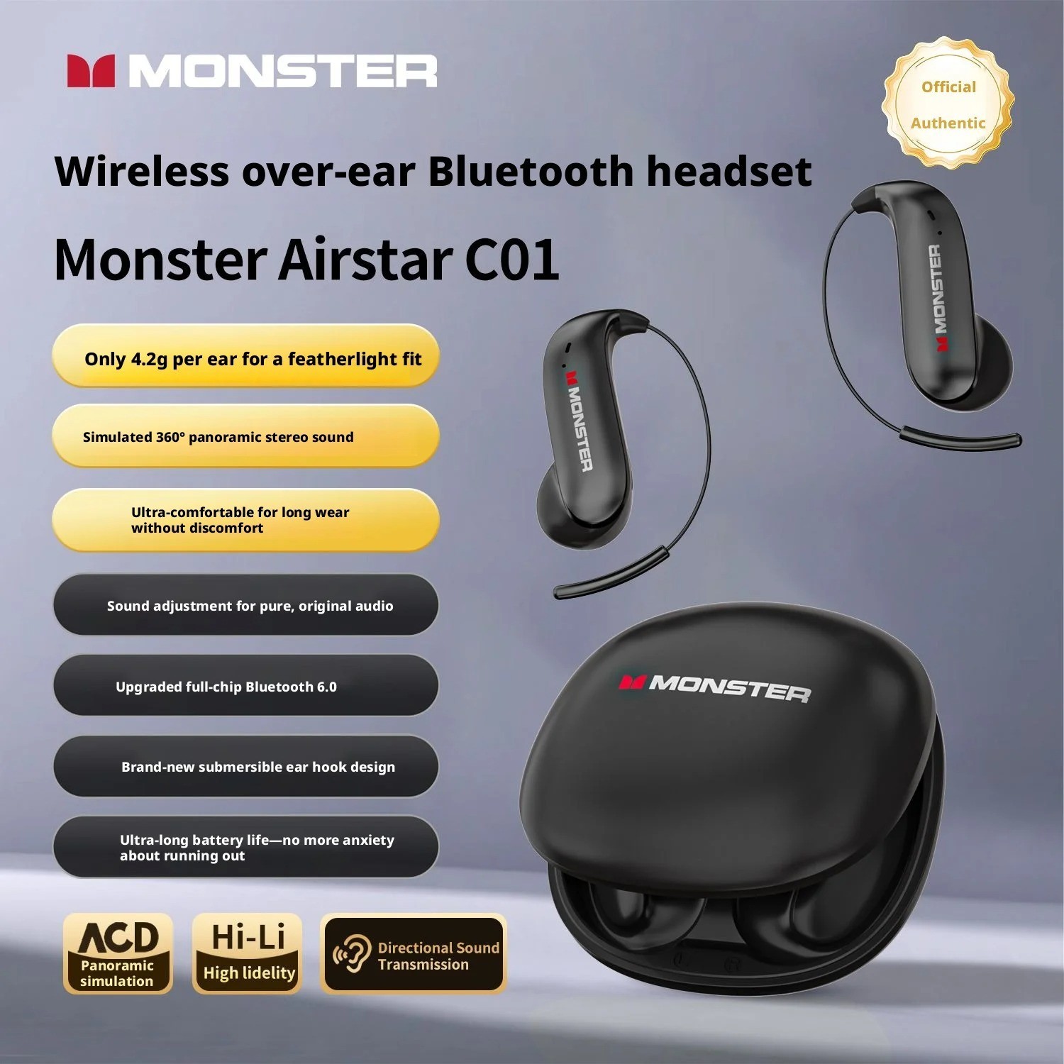 MONSTER C01 Zero Burden Bluetooth 6.0 Open Ear HD Call Dual Mic Long Battery