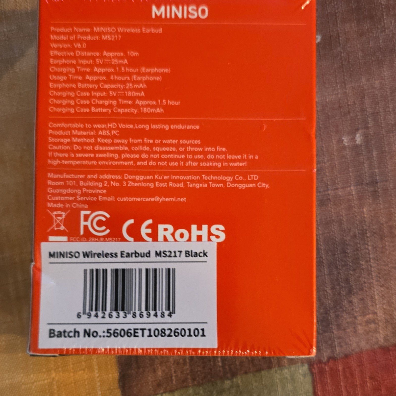 MINISO MS217 Wireless Bluetooth In-Ear Earbuds w/ Built-In Mic HD Voice Black