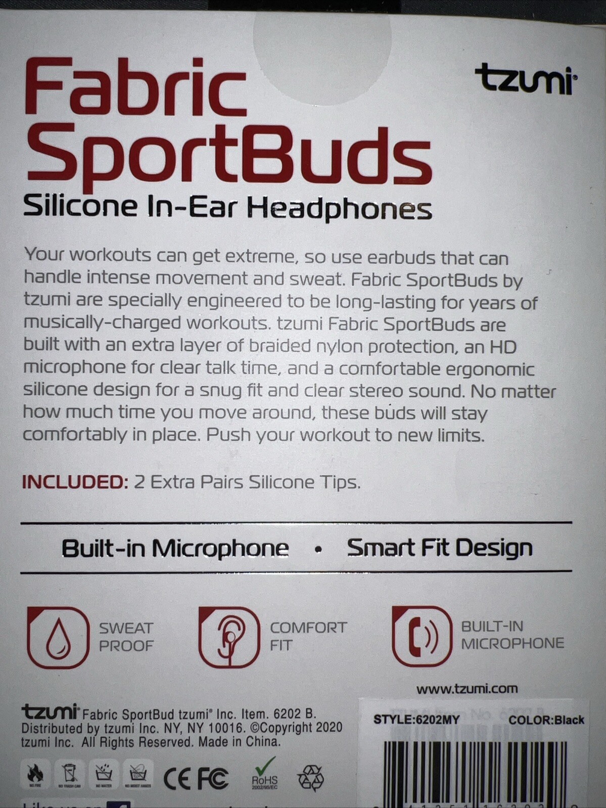 NIB Tzumi Fabric SportBuds Silicone In-Ear Headphones, Built-In Microphone