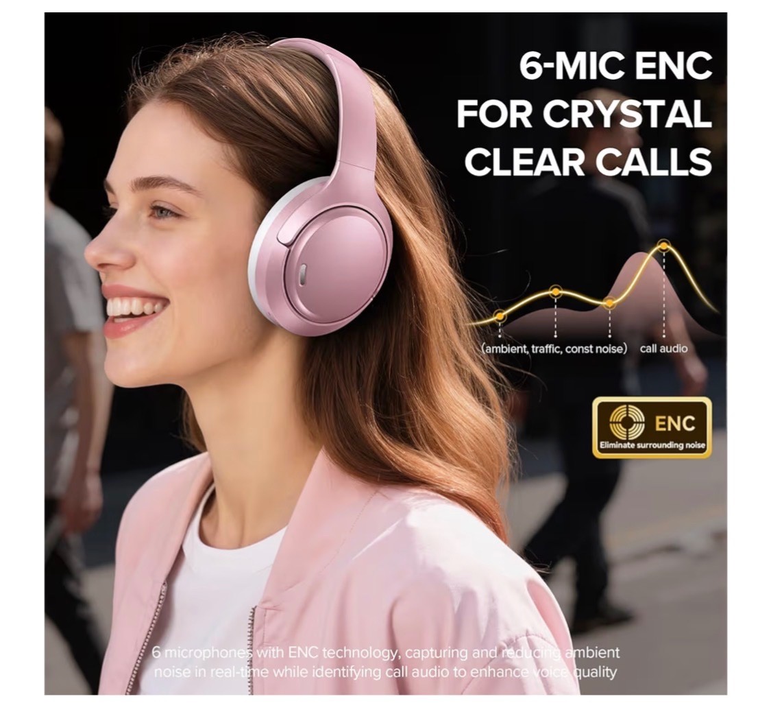 Hybrid Active Noise Cancelling Headphones 120H Long Playtime 6 ENC Mic Rose Gold