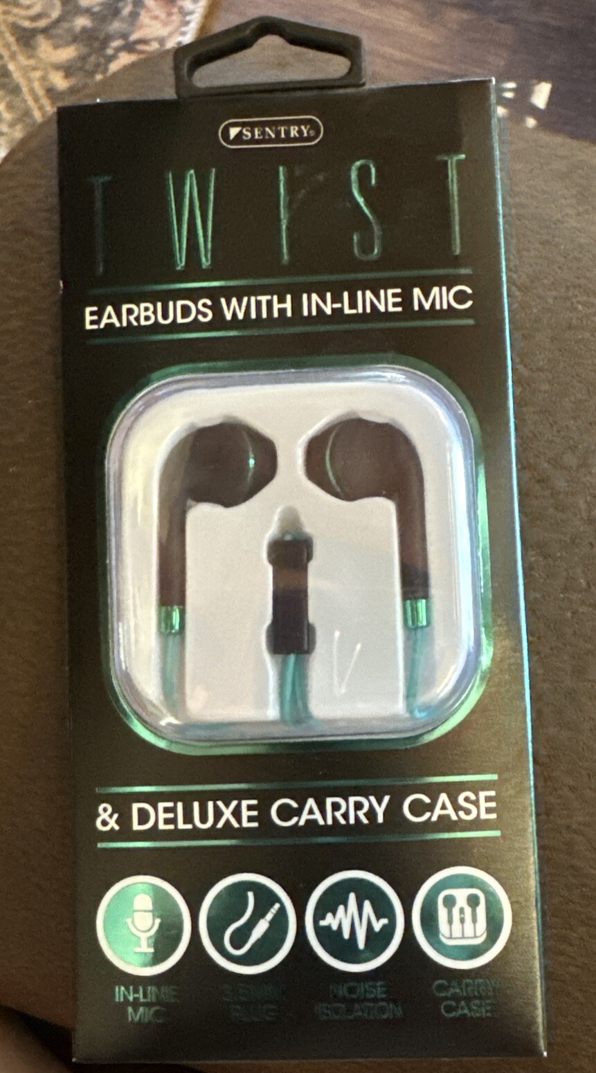Sentry Twist Earbuds Green w/ Inline Mic 3.5mm Aux Connector and Carrying Case