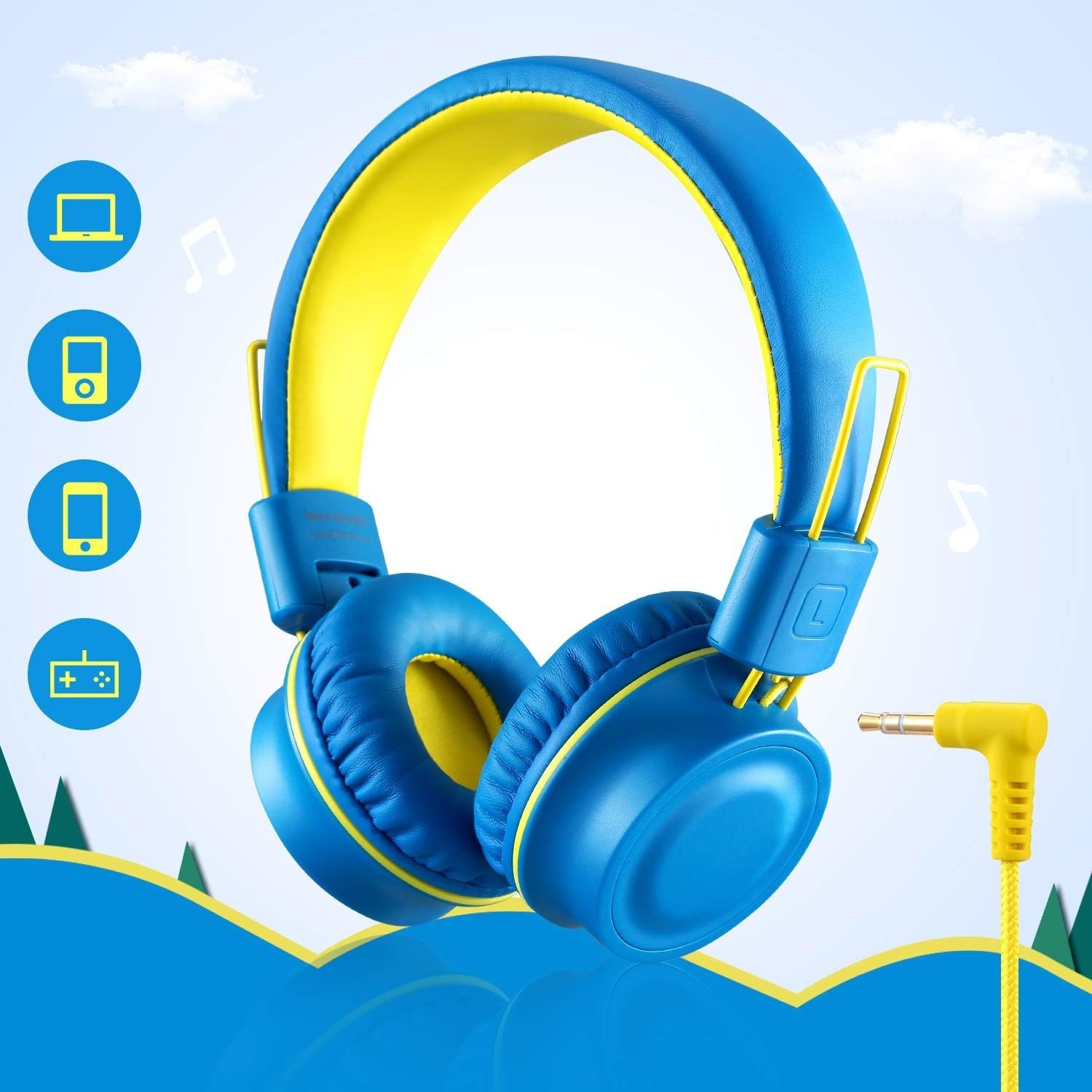 Kids Headphones- K33 Foldable Stereo Tangle-Free 5ft Long cord 3.5mm Jack Plu…