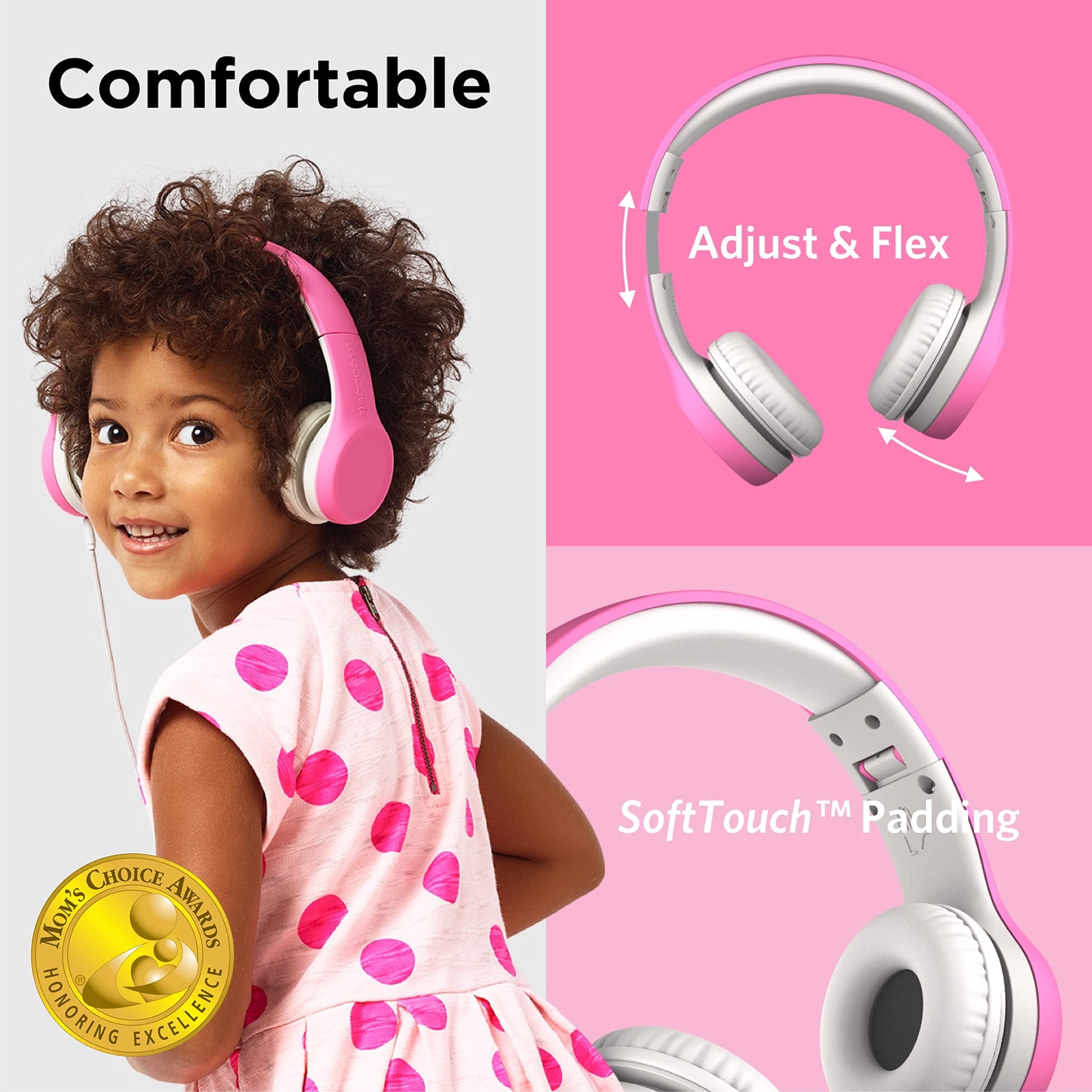 Pink Connect+ Girls Headphones for School Wired Microphone Volume Limiting Safe