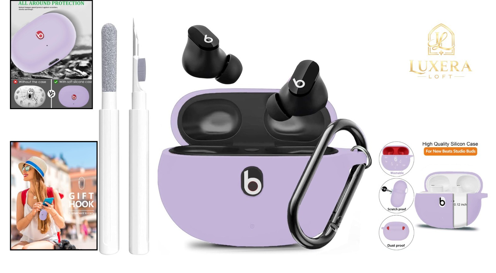 Purple Silicone Case for Beats Studio Buds 2021/2023 + Cleaning Kit Keychain