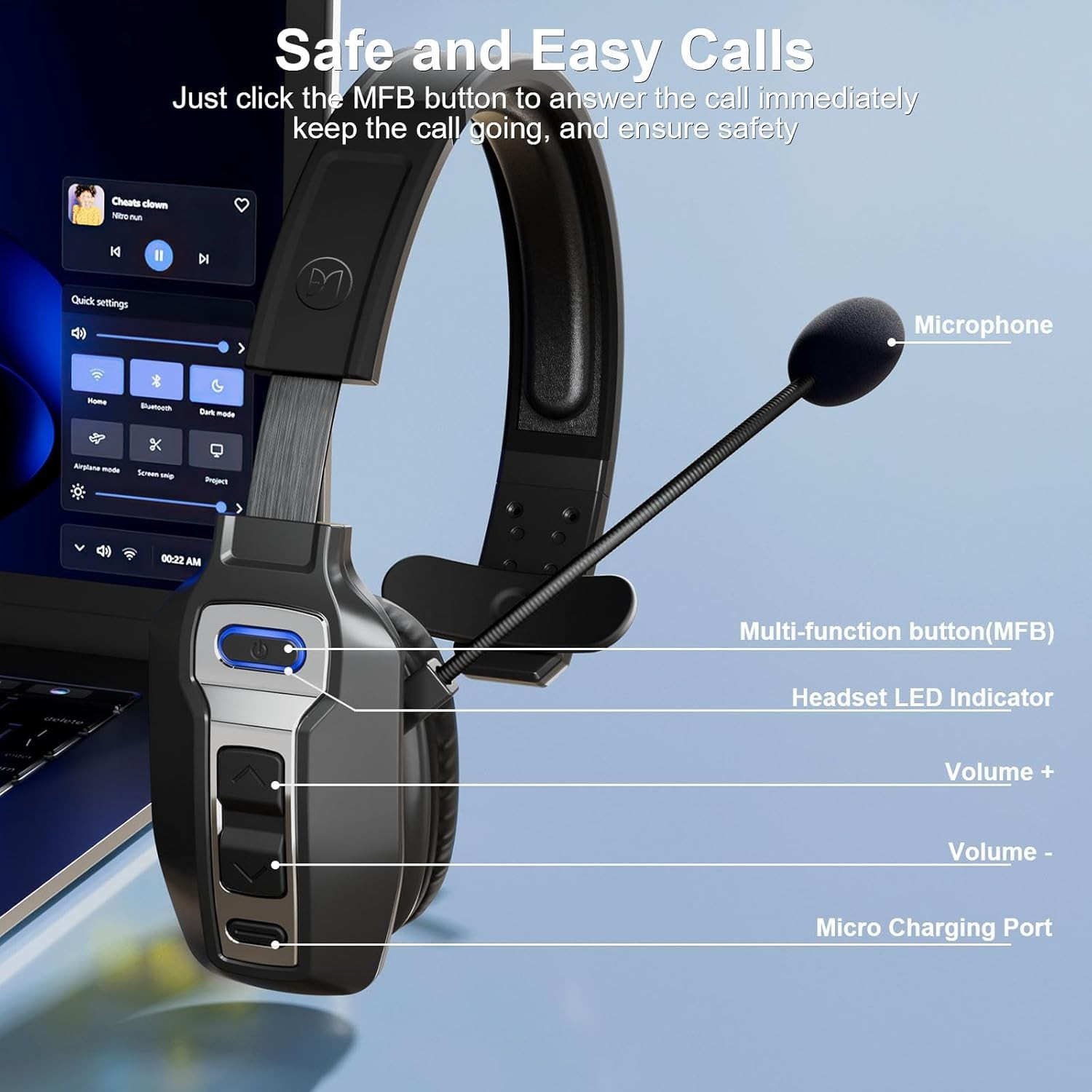 Bluetooth Headset with AI Noise Cancellation Microphone, Trucke