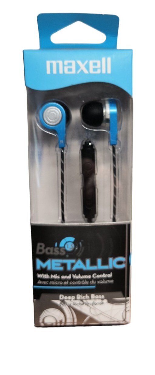 Maxell Bass 13 Metallic Earbuds with Mic & Volume Control Blue Deep Rich Bass