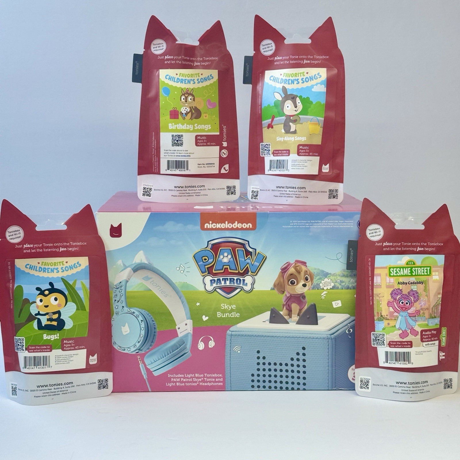 Light Blue Tonies Box PAW Patrol Skye + 4 extra figures+ Headphones Bundle-New