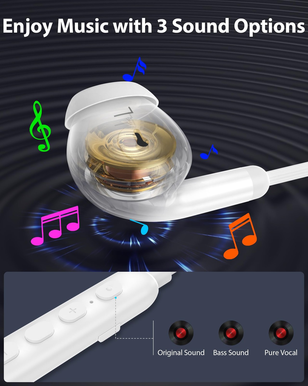 USB A Earbuds with Microphone Mute Button PC Laptop Headphones, 3 EQ White