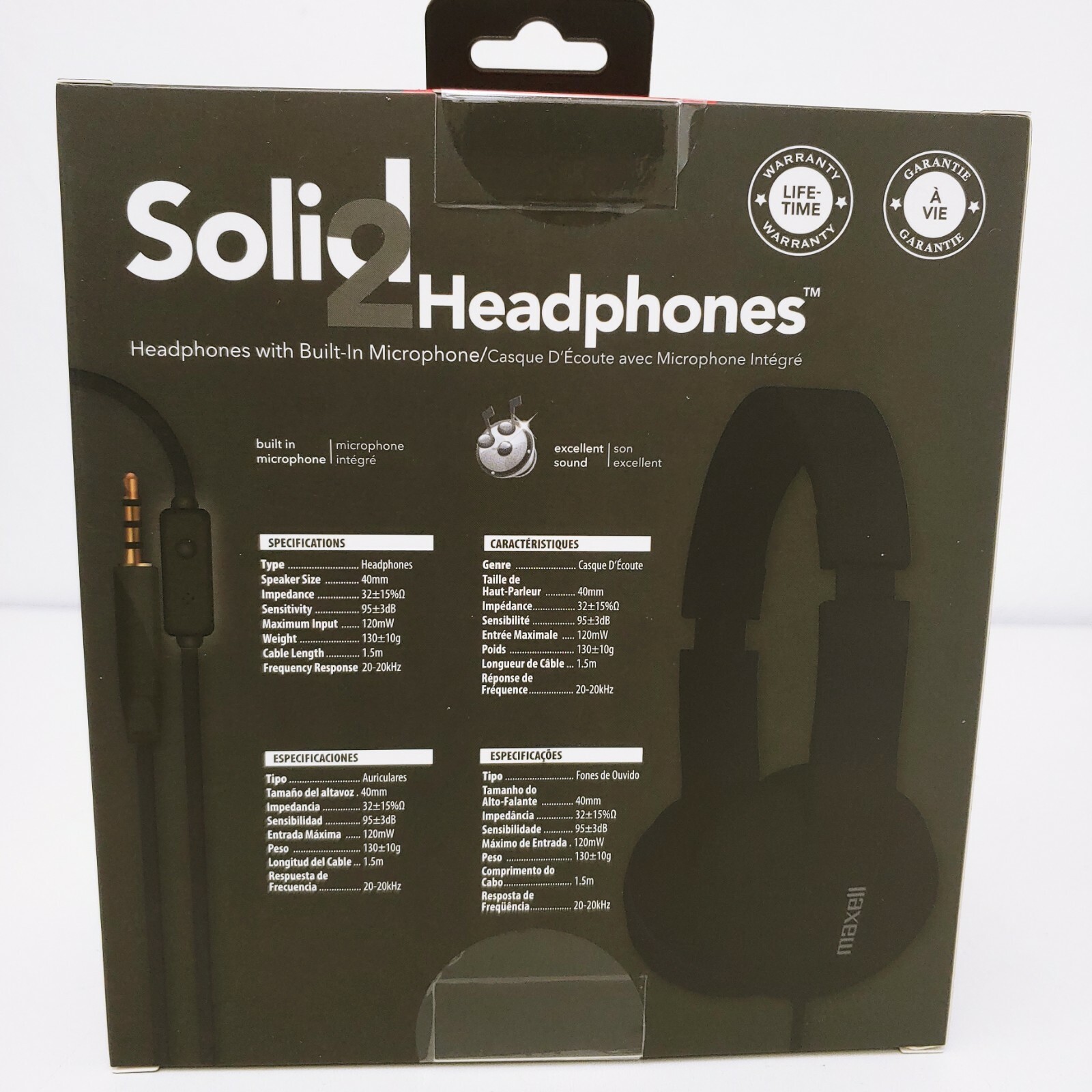 New Maxell Solids Headphones, Black, Tangle-Free, Each (MAX290103) wired 3.5mm