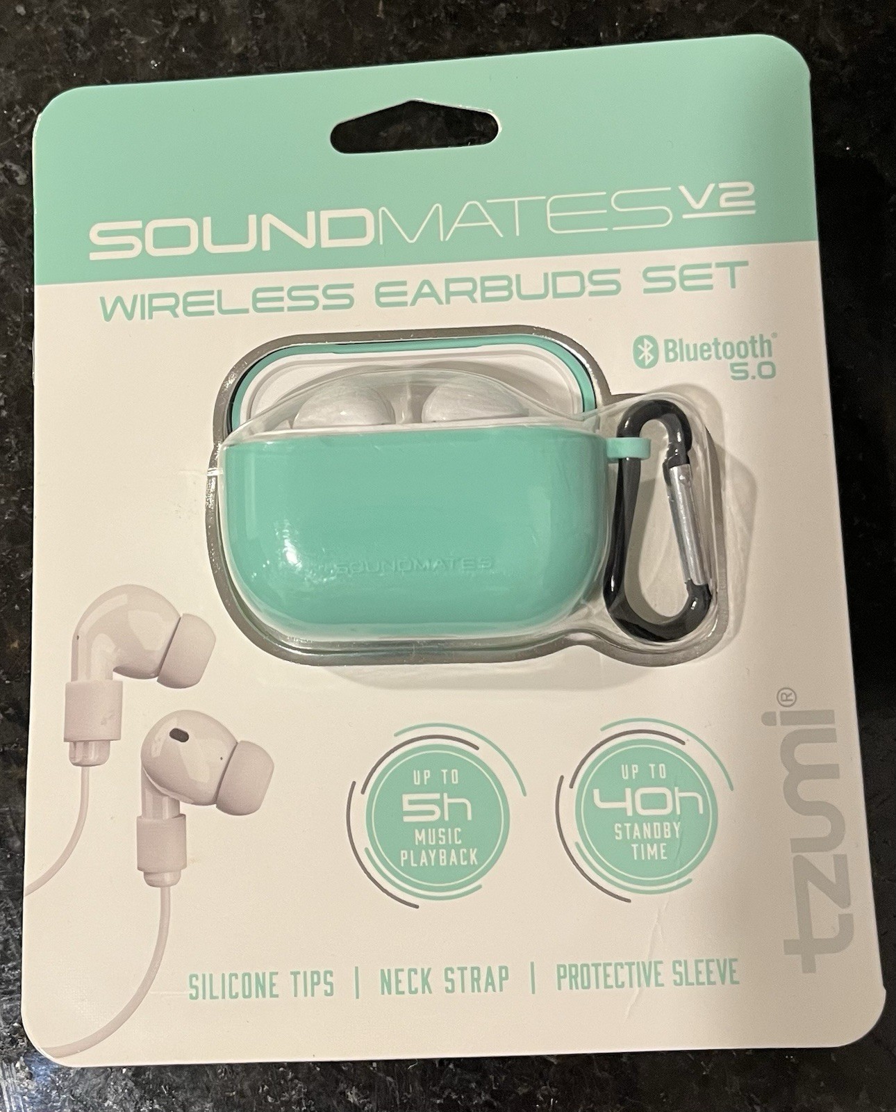 Tzumi SoundMates V2 Bluetooth 5.0 Wireless Earbuds Mic Waterproof, Tips