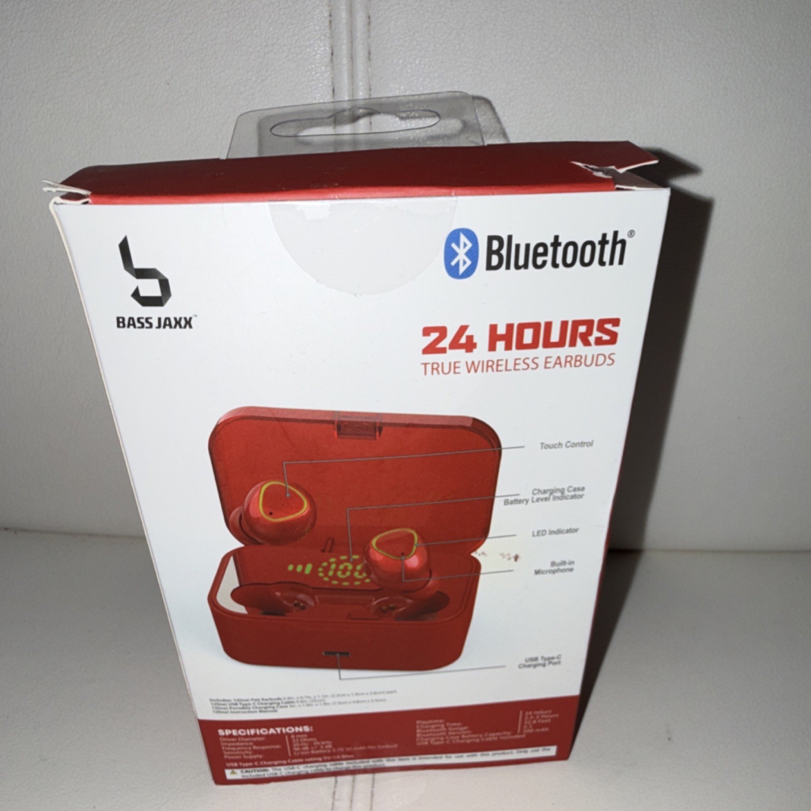 Bass Jaxx 24 Hours True Wireless Earbuds Red Bluetooth Touch Control Mic